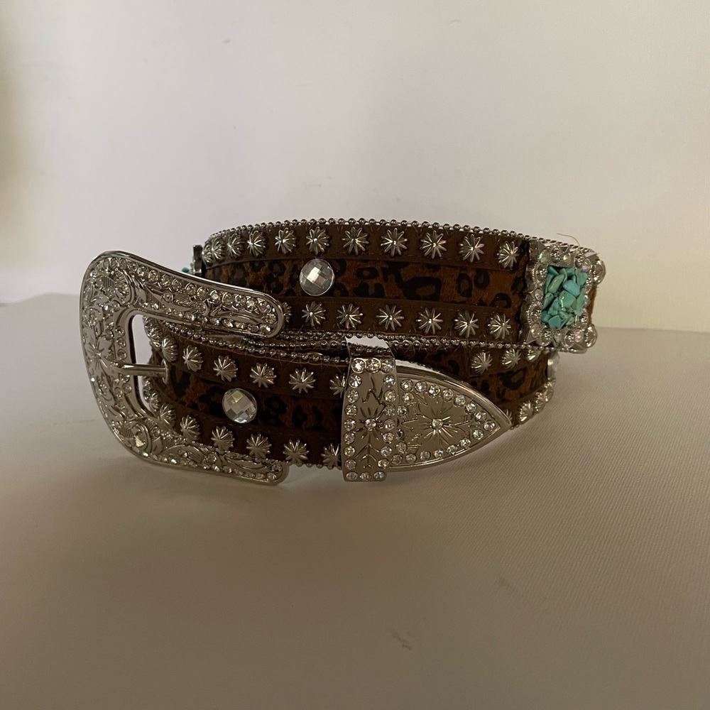 Nocoma Belt Co. rhinestone turquoise leopard western belt.
